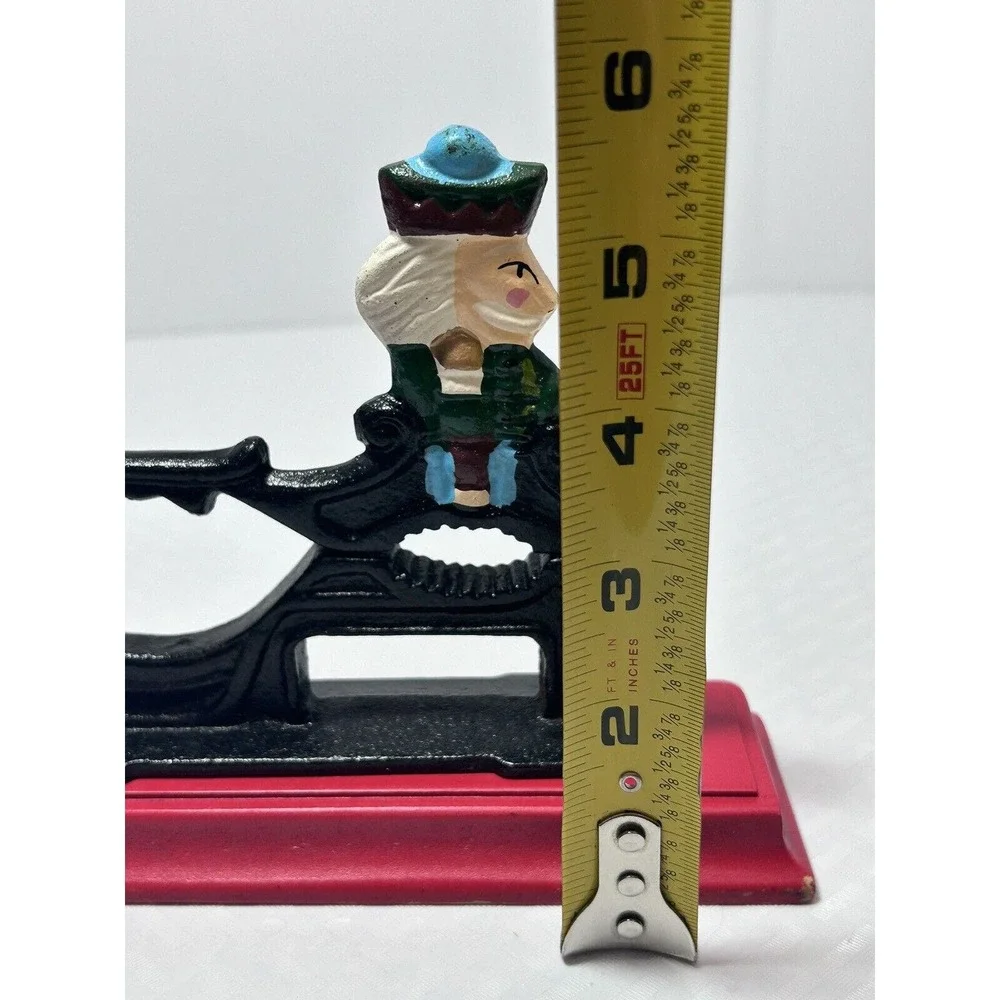 Vintage Cast Iron Soldier Nutcracker Mounted On Red Wooden Base Nut‎ Cracker
